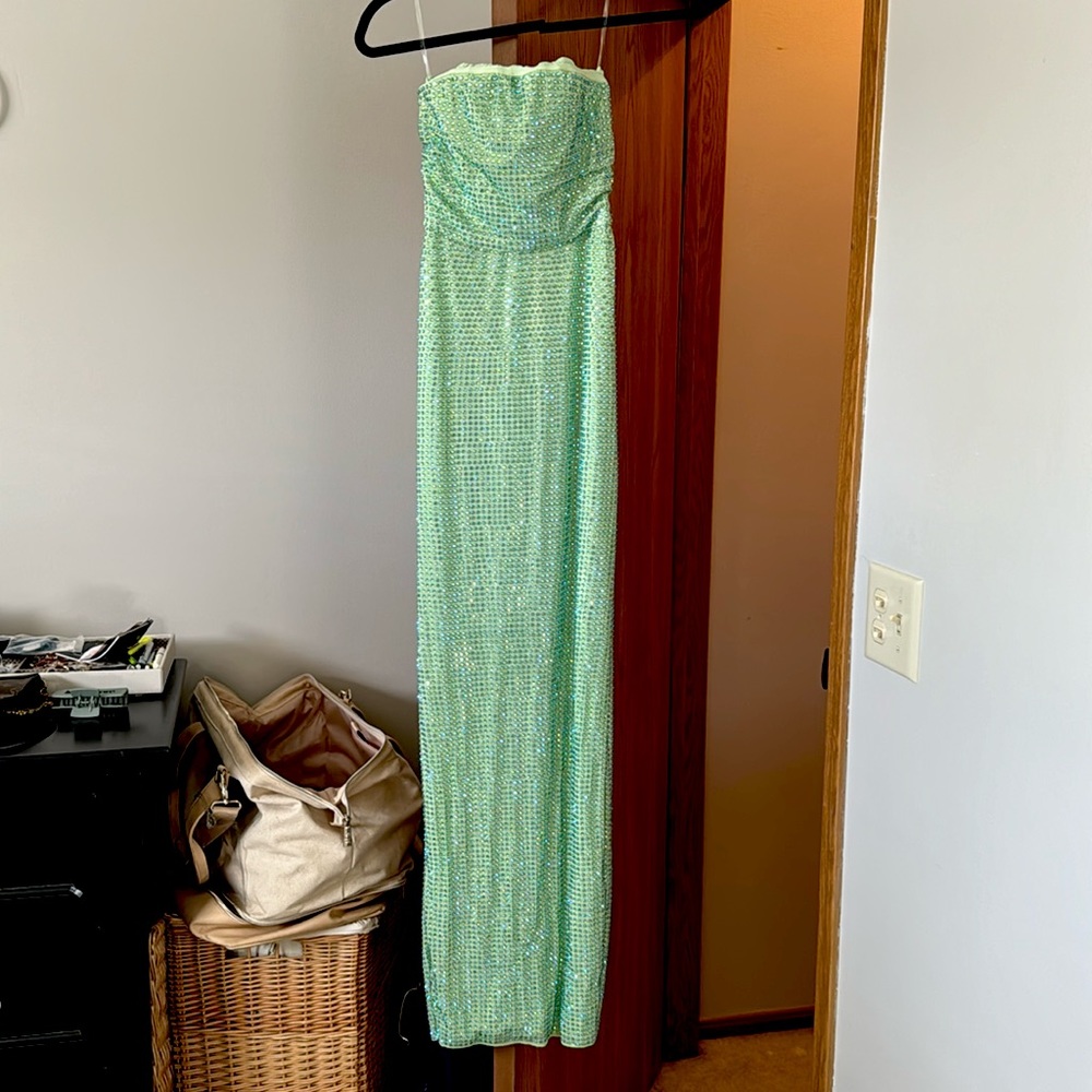 Embellished Strapless Evening Gown in Sage Green